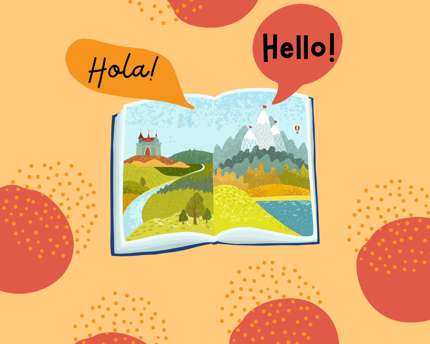 illustration of a picture book laying open with two speech bubbles that read "Hello!" and "Hola!" above it