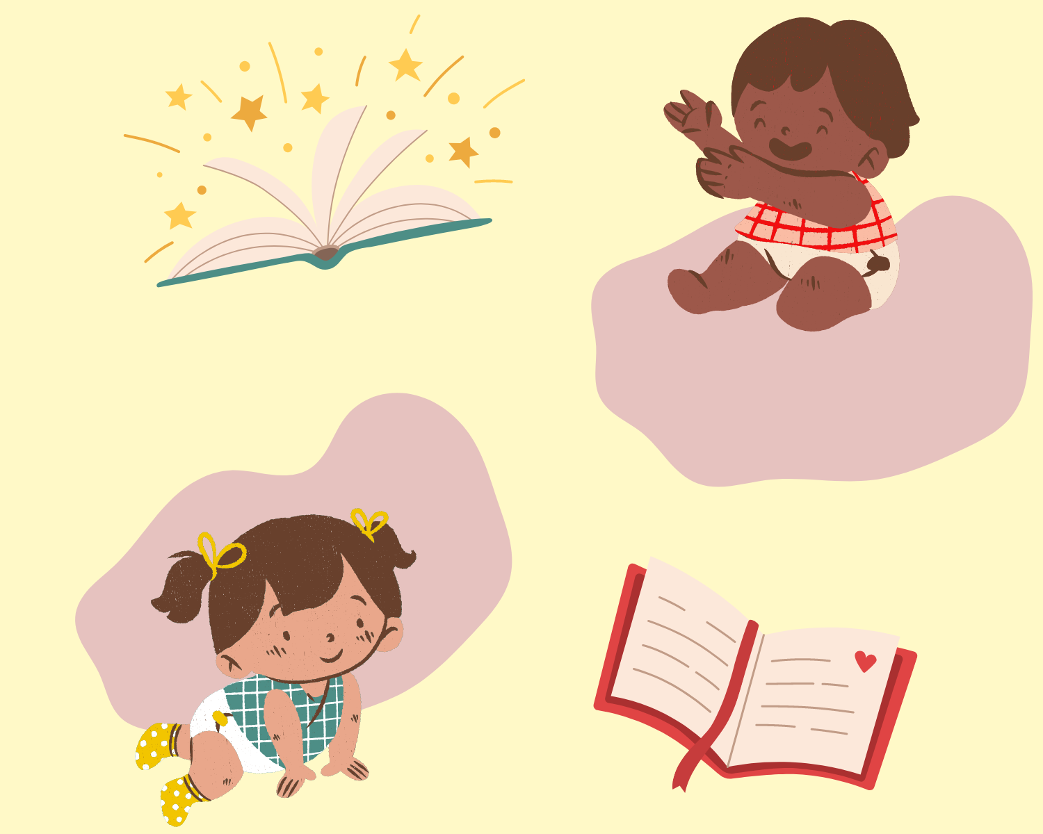 illustration of two babies crawling towards and reaching for books