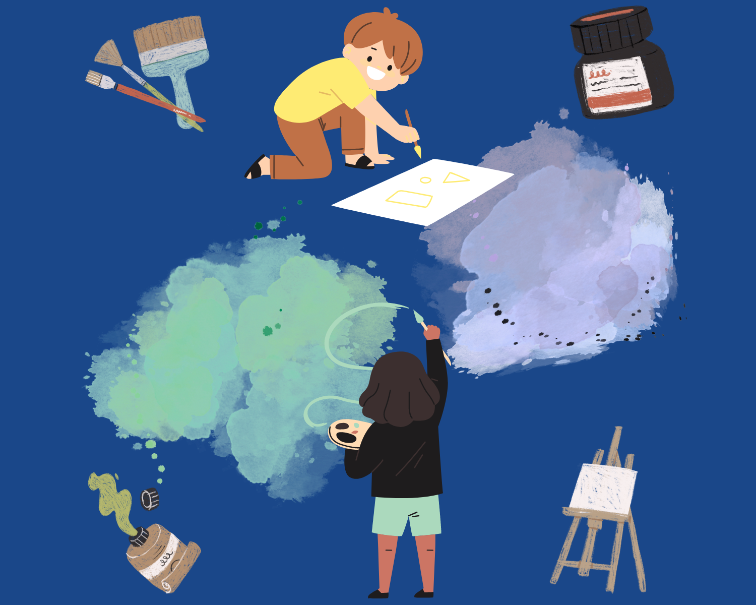 illustration of two children painting; art supplies float around them