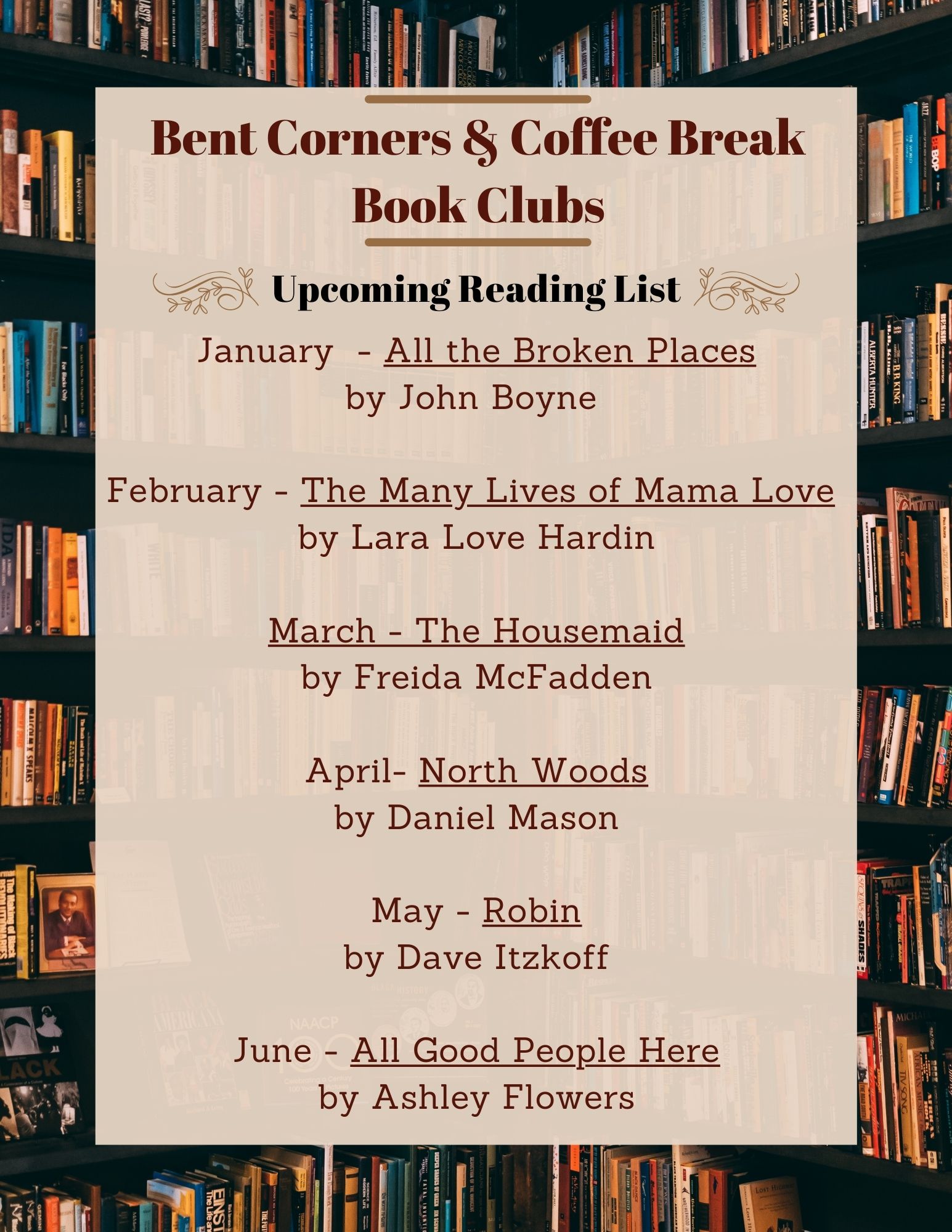 Book Club Reading List December - June 2025