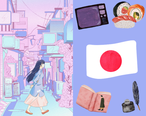 Illustration of a girl walking through the city; television, sushi, Japanese flag, calligraphy supplies, and a book float beside her