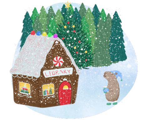 Illustration of a capybara and gingerbread library in a snowy forest