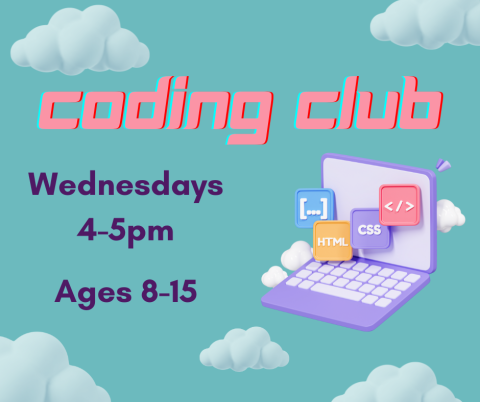 Coding club, Wednesdays from 4-5pm, ages 8-15