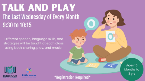 Purple background with a woman sitting down with a young boy pointing to her mouth and speaking. Text reads: Talk and Play. Different speech, language skills, and strategies will be taught at each class using book sharing, play, and music. 