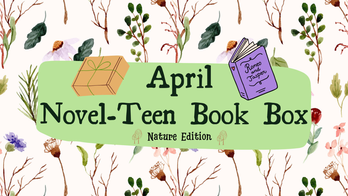 April Novel-Teen Book Box; illustration of a package, a book, and flowers