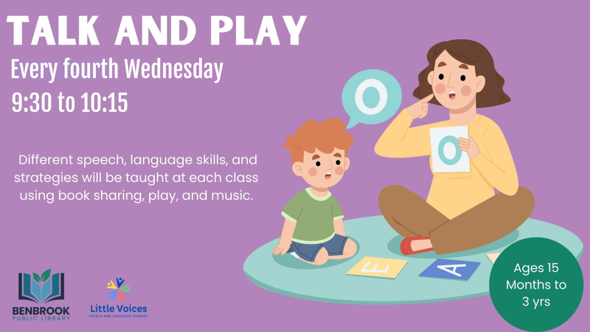 Purple background with a woman sitting down with a young boy pointing to her mouth and speaking. Text reads: Talk and Play. Every fourth Wednesday 9:30-10:15. Different speech, language skills, and strategies will be taught at each class using book sharing, play, and music. 