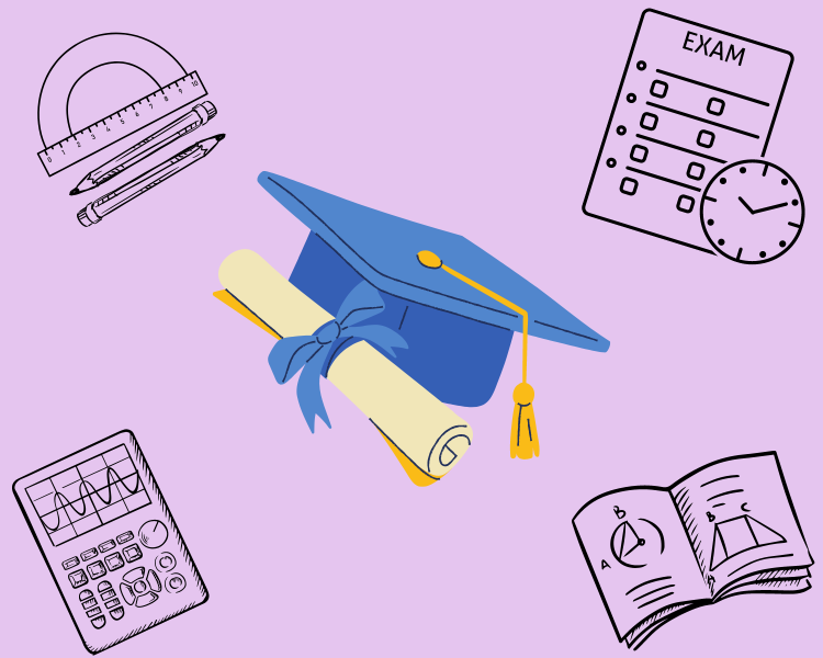 illustration of a graduation cap surrounded by a textbook, a graphing calculator, pencils, and an exam