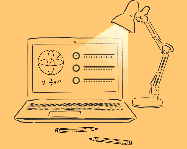 illustration of a laptop, a task lamp, and pencils