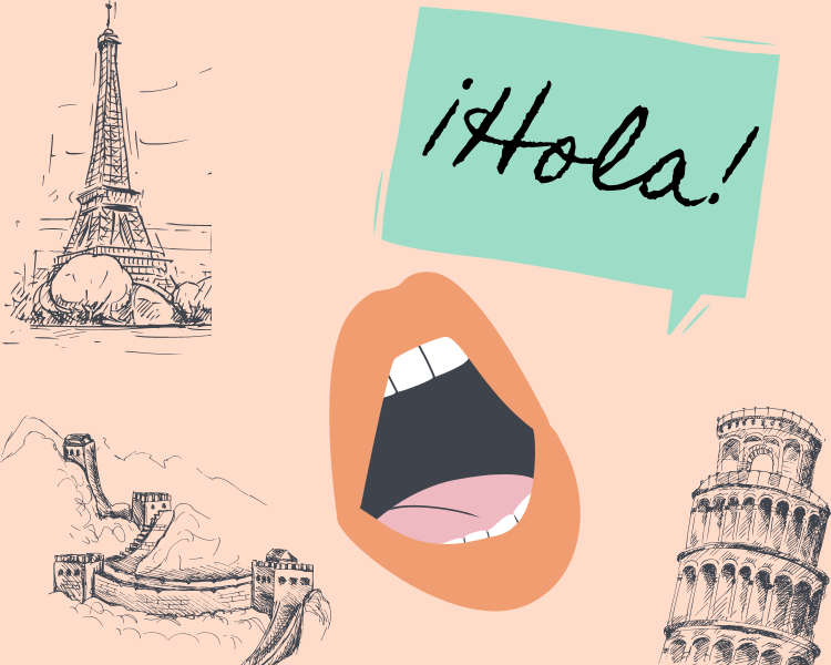 an illustration of a mouth and a speech bubble that reads, "¡Hola!", surrounded by sketches of historical landmarks