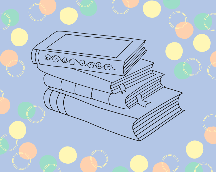 illustration of a stack of books surrounded by polka dots